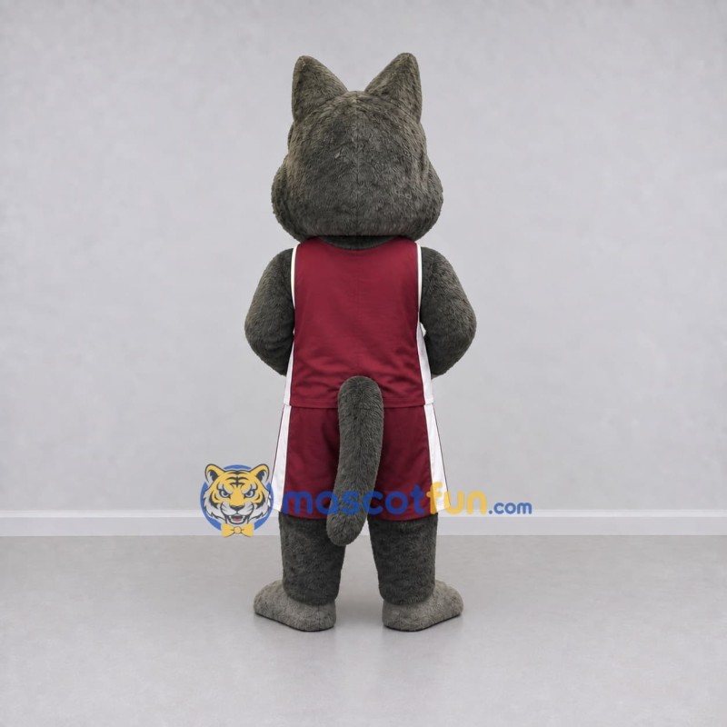 Custom Gray and Maroon Cat in Sportswear Mascot Costume Adult Full Body Suit for Sports Events Custom Gray and Maroon Cat in Sportswear Mascot Costume Adult Full Body Suit for Sports Events