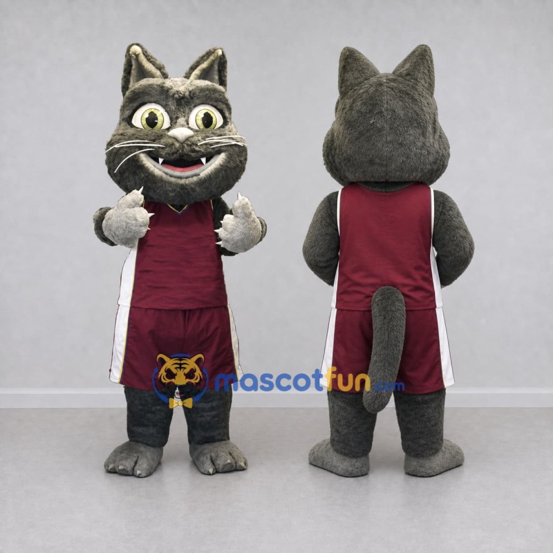 Custom Gray and Maroon Cat in Sportswear Mascot Costume Adult Full Body Suit for Sports Events Custom Gray and Maroon Cat in Sportswear Mascot Costume Adult Full Body Suit for Sports Events