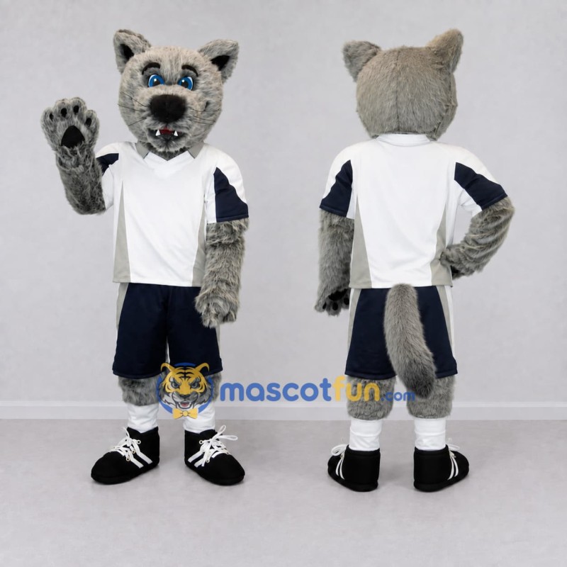 Custom Gray White and Navy Blue Wolf in Sportswear Mascot Costume Adult Full Body Suit for Sports Events Custom Gray White and Navy Blue Wolf in Sportswear Mascot Costume Adult Full Body Suit for Sports Events