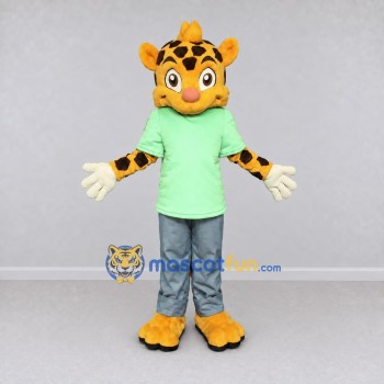 Custom Yellow and Green Spotted Cat in T Shirt Mascot Costume Adult Full Body Suit for School Events