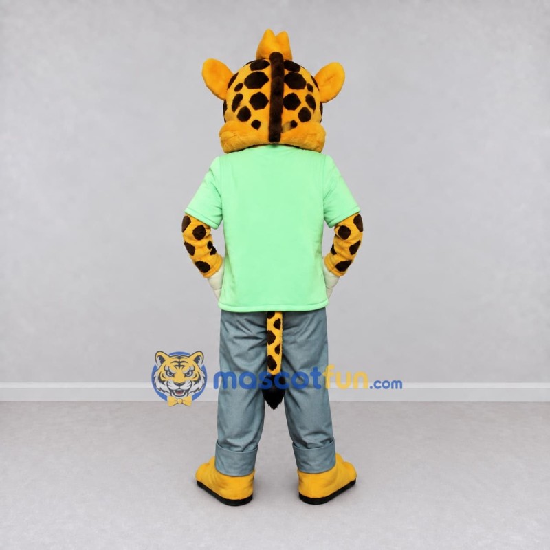 Custom Yellow and Green Spotted Cat in T Shirt Mascot Costume Adult Full Body Suit for School Events Custom Yellow and Green Spotted Cat in T Shirt Mascot Costume Adult Full Body Suit for School Events