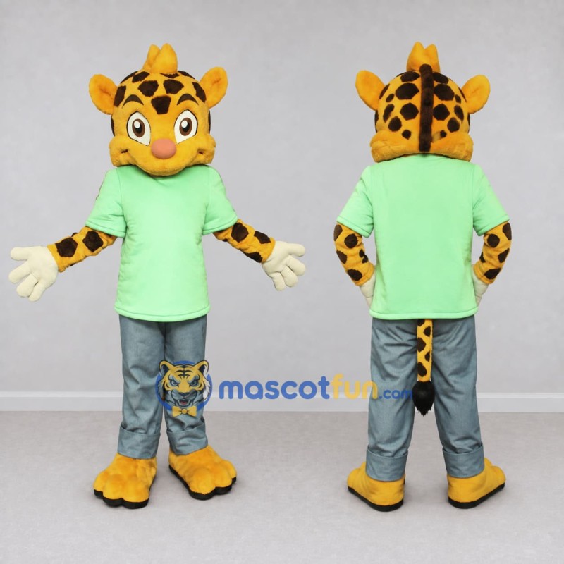 Custom Yellow and Green Spotted Cat in T Shirt Mascot Costume Adult Full Body Suit for School Events Custom Yellow and Green Spotted Cat in T Shirt Mascot Costume Adult Full Body Suit for School Events