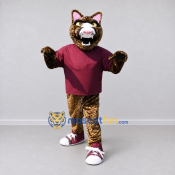 Custom Brown and Maroon Spotted Cat in T Shirt Mascot Costume Adult Full Body Suit for School Events