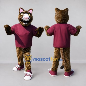 Custom Brown and Maroon Spotted Cat in T Shirt Mascot Costume Adult Full Body Suit for School Events
