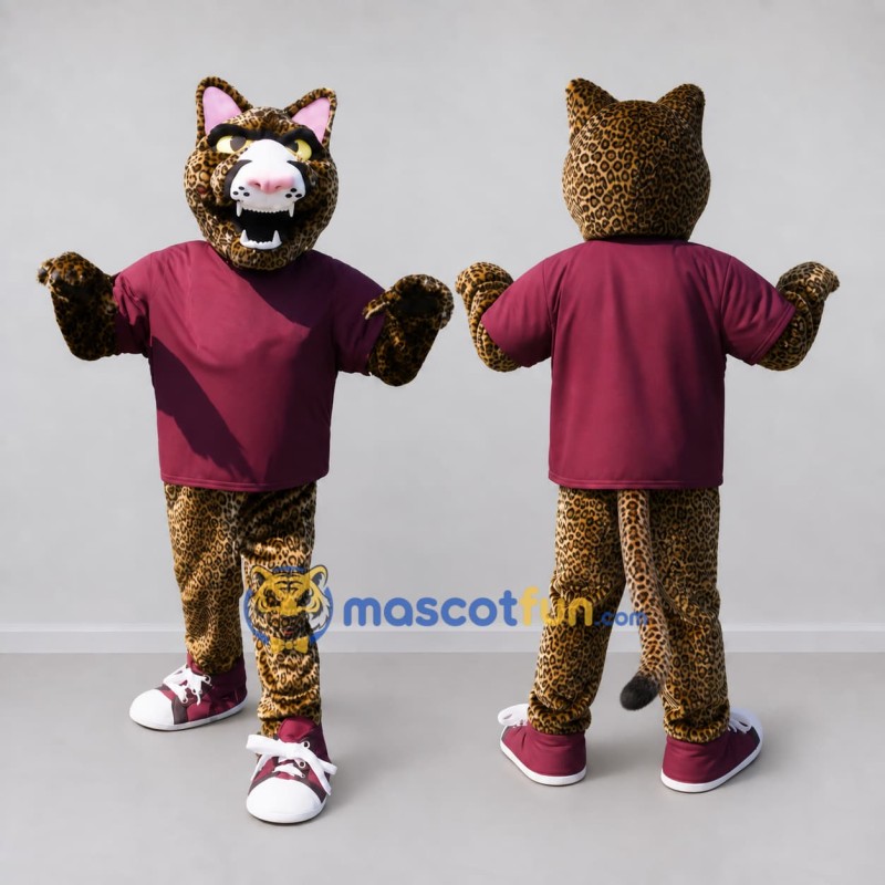 Custom Brown and Maroon Spotted Cat in T Shirt Mascot Costume Adult Full Body Suit for School Events Custom Brown and Maroon Spotted Cat in T Shirt Mascot Costume Adult Full Body Suit for School Events