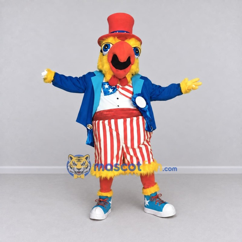 Custom Yellow Red and Blue Parrot in Top Hat Mascot Costume Adult Full Body Suit for Parades