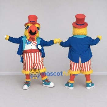 Custom Yellow Red and Blue Parrot in Top Hat Mascot Costume Adult Full Body Suit for Parades