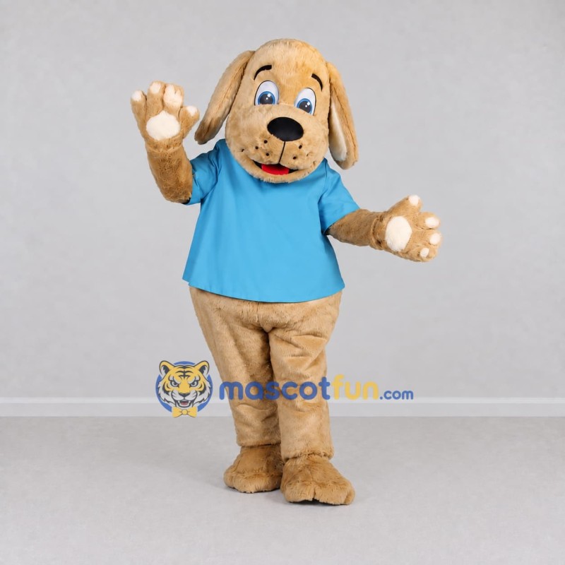 Custom Tan and Blue Dog in T Shirt Mascot Costume Adult Full Body Suit for Pet Events Custom Tan and Blue Dog in T Shirt Mascot Costume Adult Full Body Suit for Pet Events