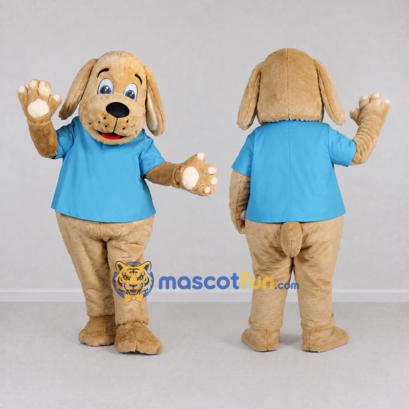 Custom Tan and Blue Dog in T Shirt Mascot Costume Adult Full Body Suit for Pet Events Custom Tan and Blue Dog in T Shirt Mascot Costume Adult Full Body Suit for Pet Events