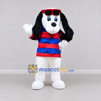 Custom White Red and Blue Dog in Striped Shirt Mascot Costume Adult Full Body Suit for School Events Custom White Red and Blue Dog in Striped Shirt Mascot Costume Adult Full Body Suit for School Events