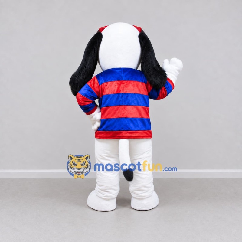 Custom White Red and Blue Dog in Striped Shirt Mascot Costume Adult Full Body Suit for School Events