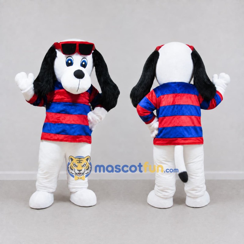 Custom White Red and Blue Dog in Striped Shirt Mascot Costume Adult Full Body Suit for School Events