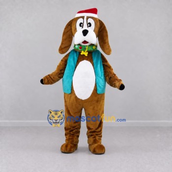 Custom Brown and Teal Dog in Santa Hat Mascot Costume Adult Full Body Suit for Christmas Events Custom Brown and Teal Dog in Santa Hat Mascot Costume Adult Full Body Suit for Christmas Events