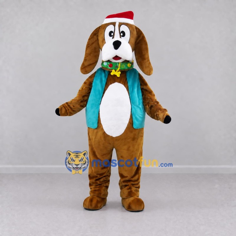 Custom Brown and Teal Dog in Santa Hat Mascot Costume Adult Full Body Suit for Christmas Events Custom Brown and Teal Dog in Santa Hat Mascot Costume Adult Full Body Suit for Christmas Events