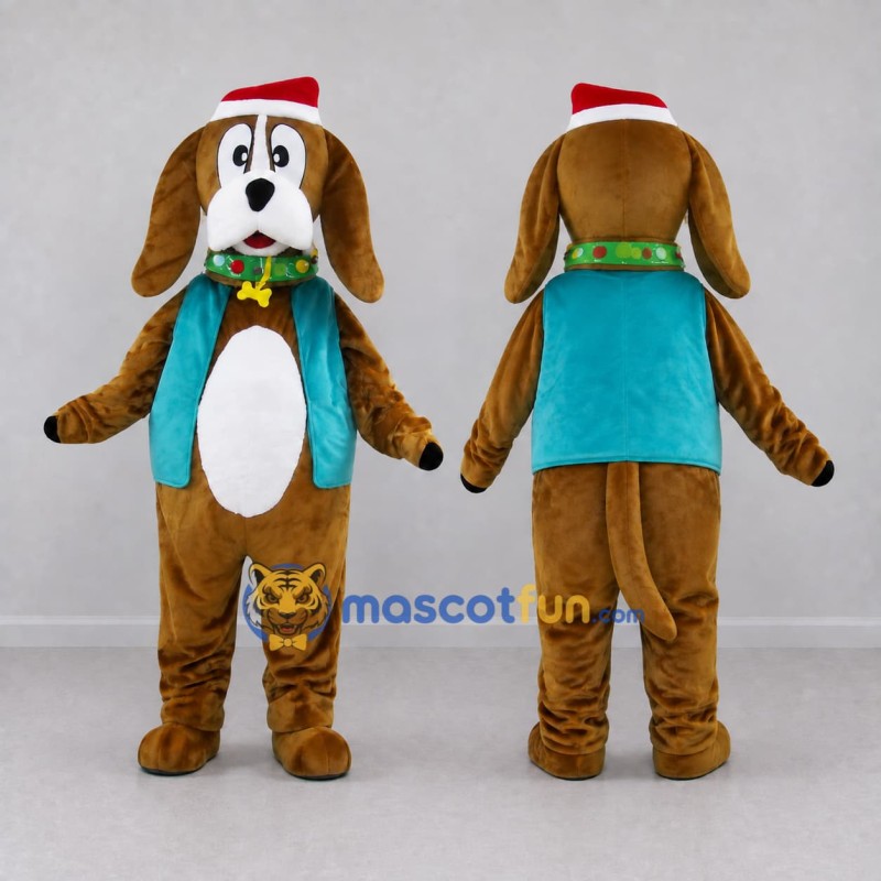 Custom Brown and Teal Dog in Santa Hat Mascot Costume Adult Full Body Suit for Christmas Events Custom Brown and Teal Dog in Santa Hat Mascot Costume Adult Full Body Suit for Christmas Events