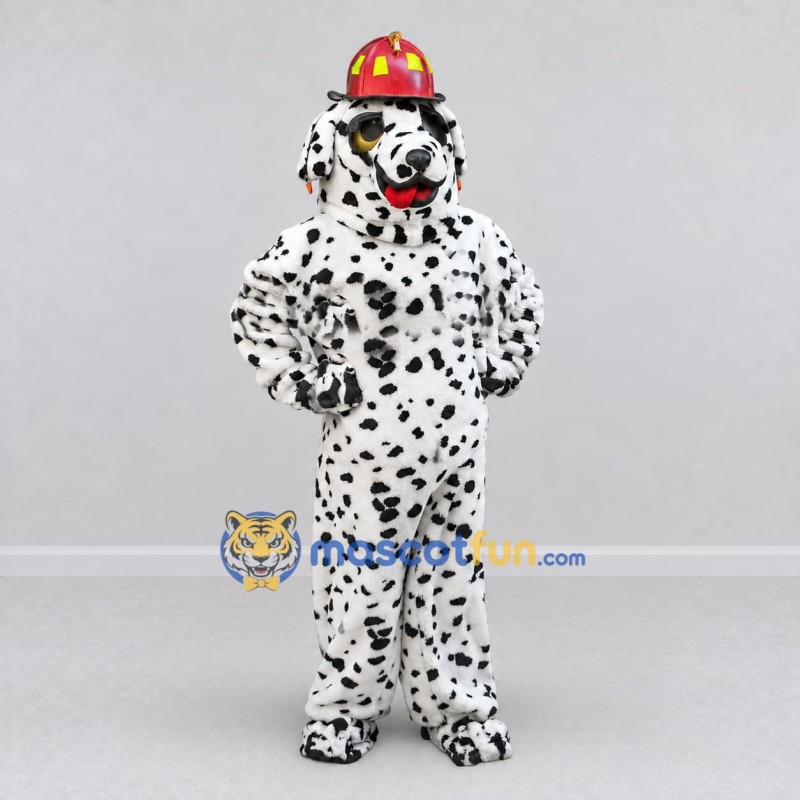 Custom White Black and Red Dalmatian Firefighter Mascot Costume Adult Full Body Suit for Community Events Custom White Black and Red Dalmatian Firefighter Mascot Costume Adult Full Body Suit for Community Events
