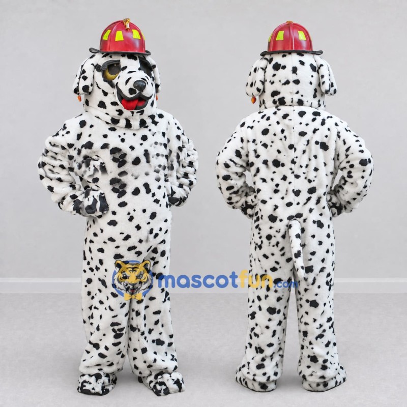 Custom White Black and Red Dalmatian Firefighter Mascot Costume Adult Full Body Suit for Community Events Custom White Black and Red Dalmatian Firefighter Mascot Costume Adult Full Body Suit for Community Events