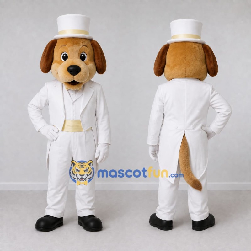 Custom Tan and White Dog in Tuxedo Mascot Costume Adult Full Body Suit for Themed Parties