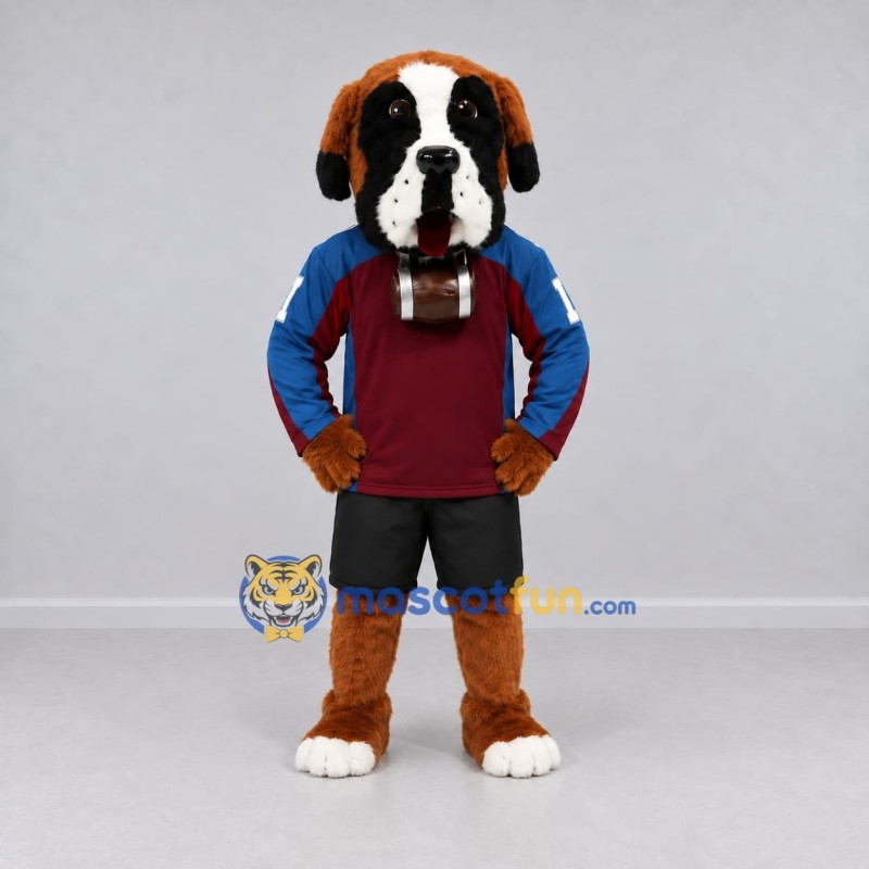 Custom Brown Blue and Maroon Saint Bernard in Sportswear Mascot Costume Adult Full Body Suit for Sports Events Custom Brown Blue and Maroon Saint Bernard in Sportswear Mascot Costume Adult Full Body Suit for Sports Events