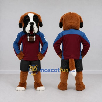 Custom Brown Blue and Maroon Saint Bernard in Sportswear Mascot Costume Adult Full Body Suit for Sports Events
