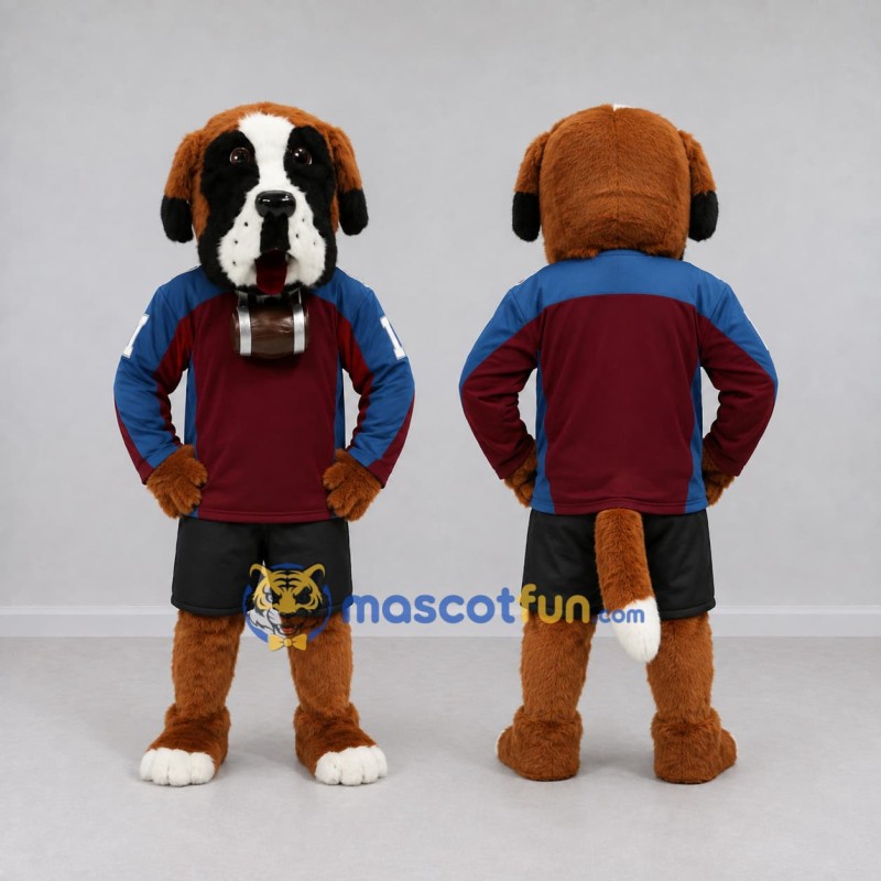 Custom Brown Blue and Maroon Saint Bernard in Sportswear Mascot Costume Adult Full Body Suit for Sports Events Custom Brown Blue and Maroon Saint Bernard in Sportswear Mascot Costume Adult Full Body Suit for Sports Events