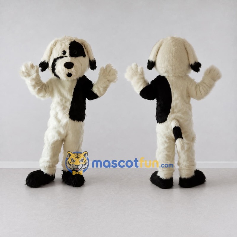 Custom White and Black Shaggy Dog Mascot Costume Adult Full Body Suit for Pet Events Custom White and Black Shaggy Dog Mascot Costume Adult Full Body Suit for Pet Events