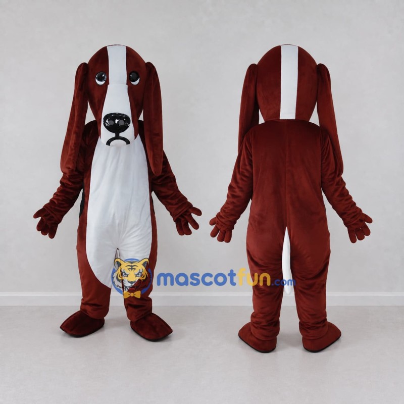 Custom Dark Brown and White Long Eared Dog Mascot Costume Adult Full Body Suit for Pet Events Custom Dark Brown and White Long Eared Dog Mascot Costume Adult Full Body Suit for Pet Events
