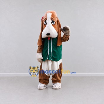 Custom Brown White and Green Basset Hound in Vest Mascot Costume Adult Full Body Suit for Themed Parties