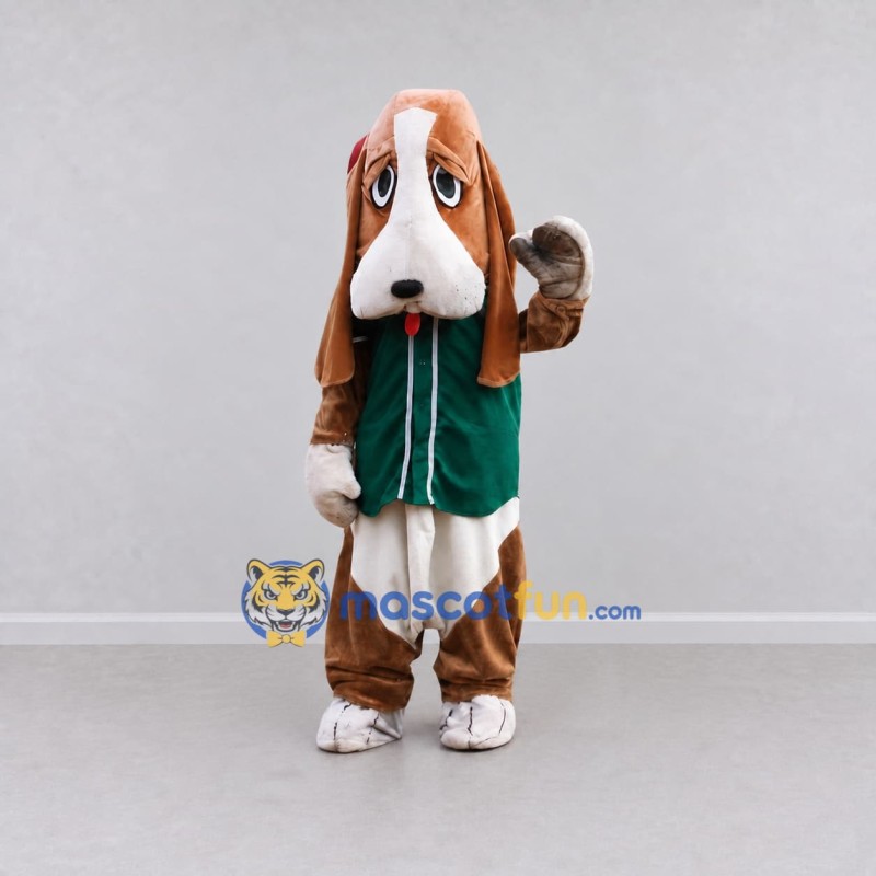 Custom Brown White and Green Basset Hound in Vest Mascot Costume Adult Full Body Suit for Themed Parties Custom Brown White and Green Basset Hound in Vest Mascot Costume Adult Full Body Suit for Themed Parties