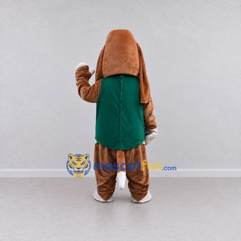 Custom Brown White and Green Basset Hound in Vest Mascot Costume Adult Full Body Suit for Themed Parties Custom Brown White and Green Basset Hound in Vest Mascot Costume Adult Full Body Suit for Themed Parties
