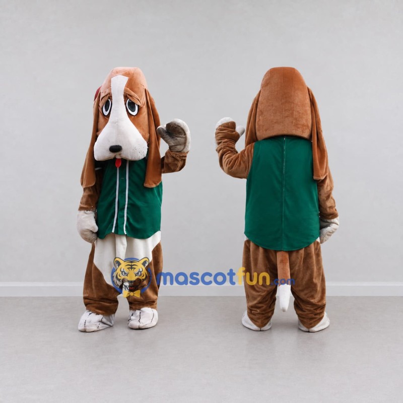 Custom Brown White and Green Basset Hound in Vest Mascot Costume Adult Full Body Suit for Themed Parties Custom Brown White and Green Basset Hound in Vest Mascot Costume Adult Full Body Suit for Themed Parties