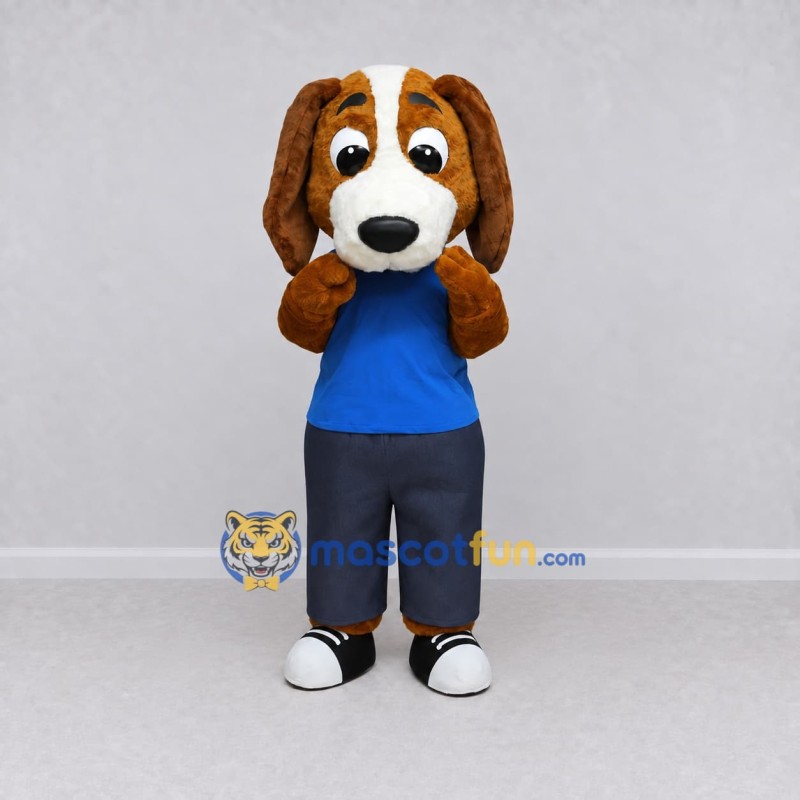 Custom Brown and Blue Dog in T Shirt Mascot Costume Adult Full Body Suit for School Events
