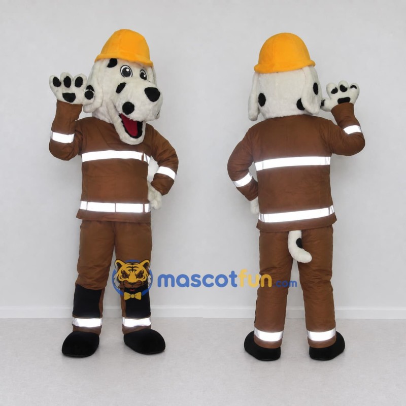 Custom White Brown and Yellow Dalmatian Firefighter Mascot Costume Adult Full Body Suit for Community Events