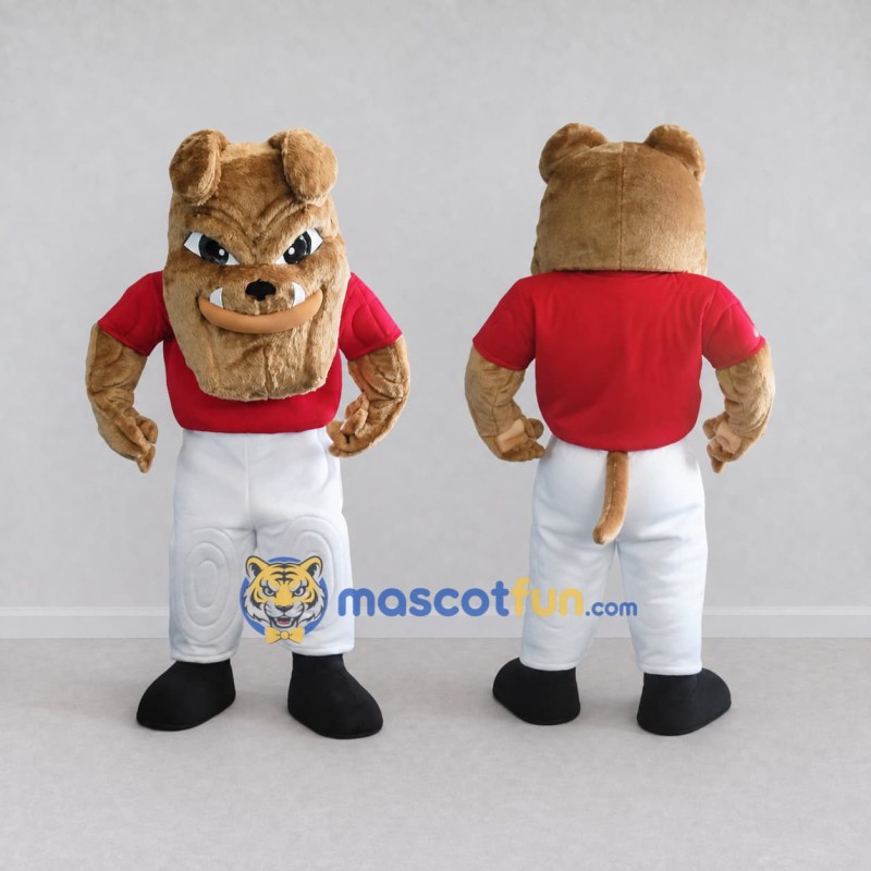 Custom Tan Red and White Bulldog in Sportswear Mascot Costume Adult Full Body Suit for Sports Events Custom Tan Red and White Bulldog in Sportswear Mascot Costume Adult Full Body Suit for Sports Events