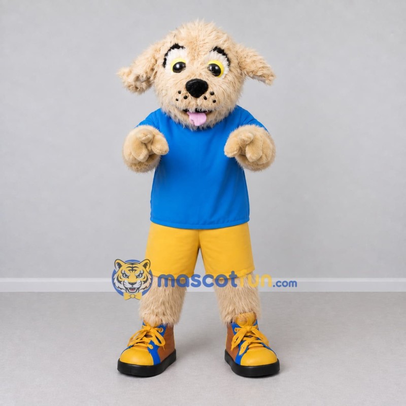 Custom Cream Blue and Yellow Dog in Sportswear Mascot Costume Adult Full Body Suit for Sports Events Custom Cream Blue and Yellow Dog in Sportswear Mascot Costume Adult Full Body Suit for Sports Events