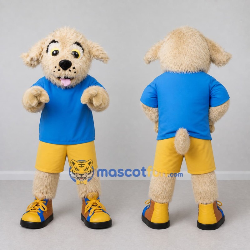 Custom Cream Blue and Yellow Dog in Sportswear Mascot Costume Adult Full Body Suit for Sports Events Custom Cream Blue and Yellow Dog in Sportswear Mascot Costume Adult Full Body Suit for Sports Events