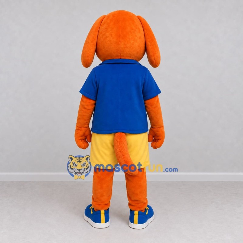 Custom Orange Blue and Yellow Dog in Sportswear Mascot Costume Adult Full Body Suit for Sports Events Custom Orange Blue and Yellow Dog in Sportswear Mascot Costume Adult Full Body Suit for Sports Events