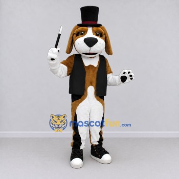 Custom Brown White and Black Dog Magician Mascot Costume Adult Full Body Suit for Themed Parties Custom Brown White and Black Dog Magician Mascot Costume Adult Full Body Suit for Themed Parties