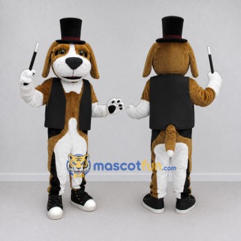 Custom Brown White and Black Dog Magician Mascot Costume Adult Full Body Suit for Themed Parties