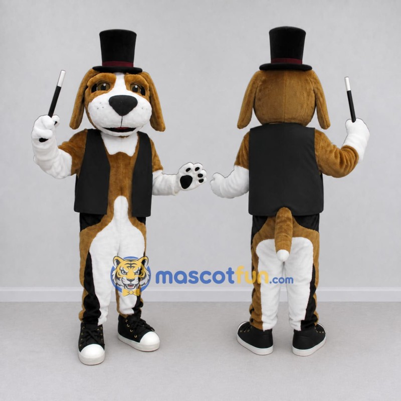 Custom Brown White and Black Dog Magician Mascot Costume Adult Full Body Suit for Themed Parties