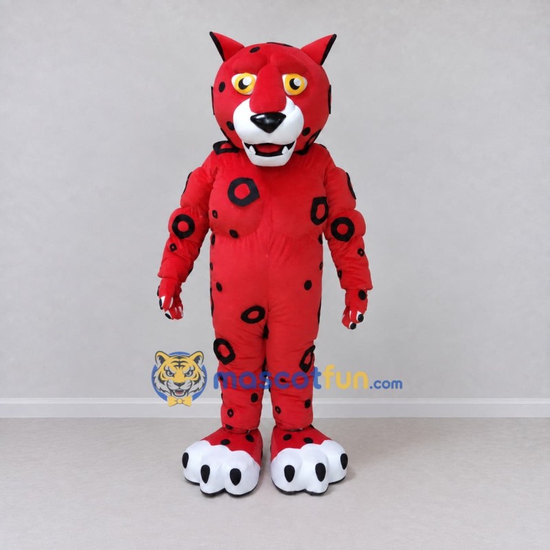 Custom Red and Black Spotted Wild Cat Mascot Costume Adult Full Body Suit for School Events Custom Red and Black Spotted Wild Cat Mascot Costume Adult Full Body Suit for School Events