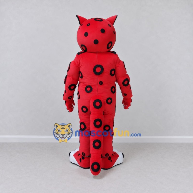 Custom Red and Black Spotted Wild Cat Mascot Costume Adult Full Body Suit for School Events Custom Red and Black Spotted Wild Cat Mascot Costume Adult Full Body Suit for School Events