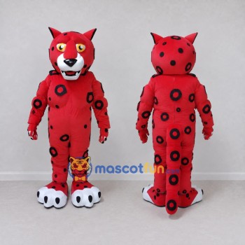 Custom Red and Black Spotted Wild Cat Mascot Costume Adult Full Body Suit for School Events