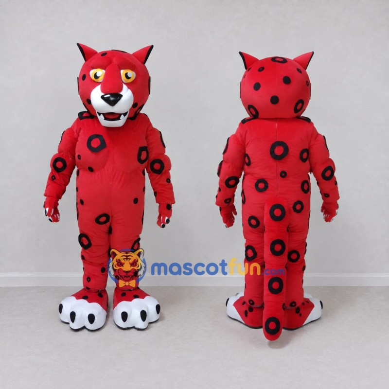 Custom Red and Black Spotted Wild Cat Mascot Costume Adult Full Body Suit for School Events Custom Red and Black Spotted Wild Cat Mascot Costume Adult Full Body Suit for School Events