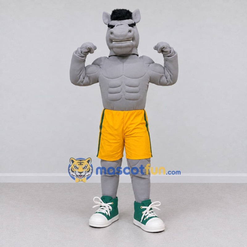 Custom Gray and Yellow Muscular Horse in Shorts Mascot Costume Adult Full Body Suit for Sports Events Custom Gray and Yellow Muscular Horse in Shorts Mascot Costume Adult Full Body Suit for Sports Events