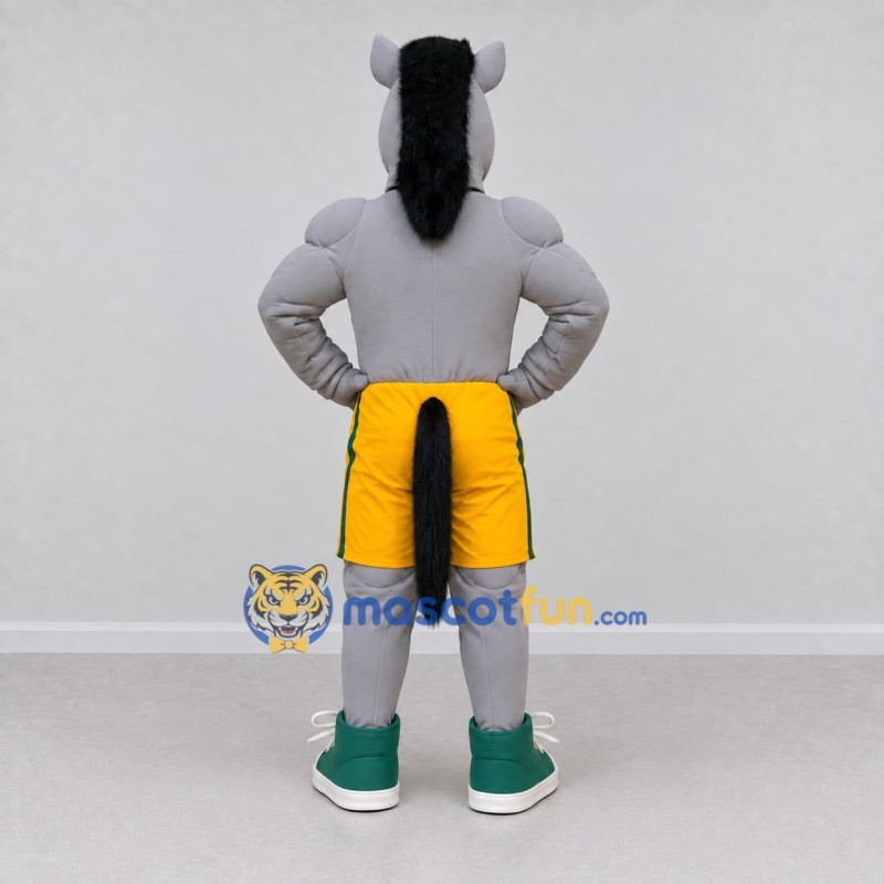 Custom Gray and Yellow Muscular Horse in Shorts Mascot Costume Adult Full Body Suit for Sports Events Custom Gray and Yellow Muscular Horse in Shorts Mascot Costume Adult Full Body Suit for Sports Events