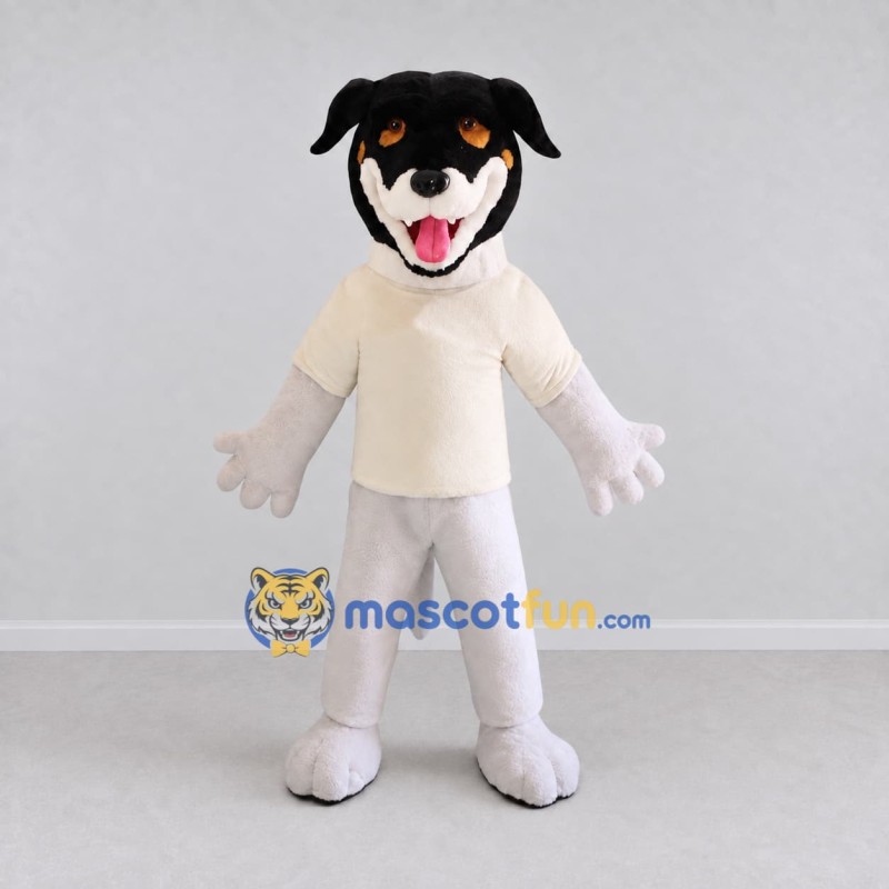 Custom Black and Cream Dog in Shirt Mascot Costume Adult Full Body Suit for School Events Custom Black and Cream Dog in Shirt Mascot Costume Adult Full Body Suit for School Events