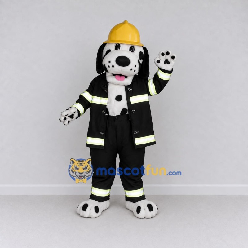Custom Black White and Yellow Dalmatian Firefighter Mascot Costume Adult Full Body Suit for Community Events Custom Black White and Yellow Dalmatian Firefighter Mascot Costume Adult Full Body Suit for Community Events