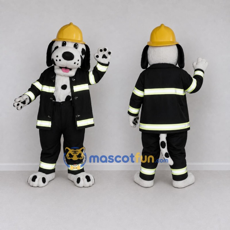 Custom Black White and Yellow Dalmatian Firefighter Mascot Costume Adult Full Body Suit for Community Events Custom Black White and Yellow Dalmatian Firefighter Mascot Costume Adult Full Body Suit for Community Events