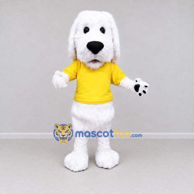 Custom White and Yellow Dog in T Shirt Mascot Costume Adult Full Body Suit for School Events Custom White and Yellow Dog in T Shirt Mascot Costume Adult Full Body Suit for School Events